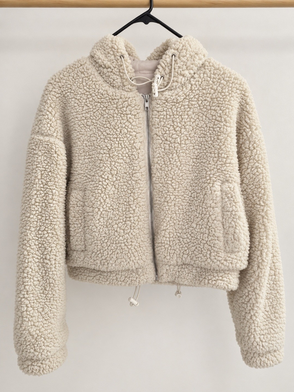 RSQ Cream Sherpa Fleece Cropped Zip Up Hooded Jacket Women’s Size S